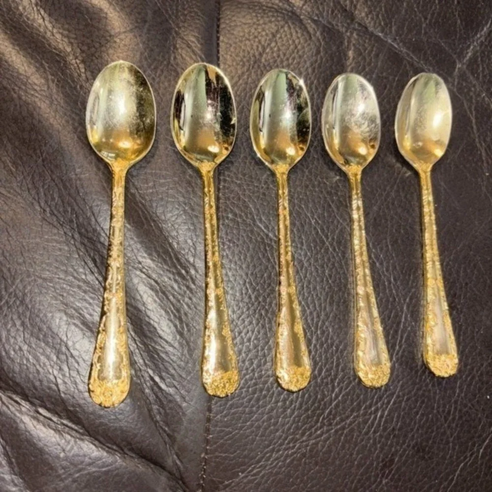 WM Rogers & Son‎ Victorian Rose Gold Electroplate Teaspoons Set 5 Floral Ornate